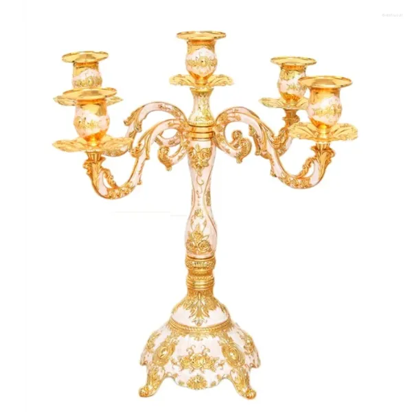 Portacandele Portacandele a 3/5 bracci Candelabro placcato oro lucido Metallo di lusso romantico per eventi di nozze Decorazioni per la casa