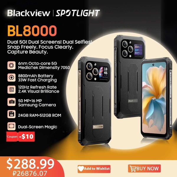 Telefones celulares Blackview BL8000 5G Smartphone robusto 6,78 polegadas 2.4K FHD + 120Hz Display 24GB 512GB Telefone 50MP 8800mAh 33W Q240312