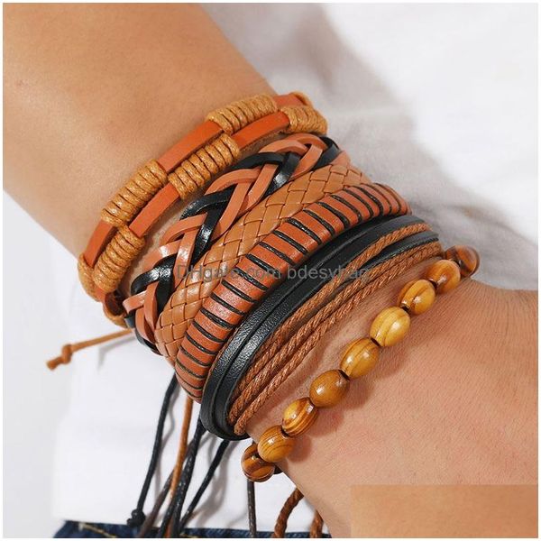 Charme pulseiras artesanais corda couro trançado mtilayer madeira frisado conjunto de jóias ajustável decoração pulseira para homens drop entrega dhb8o