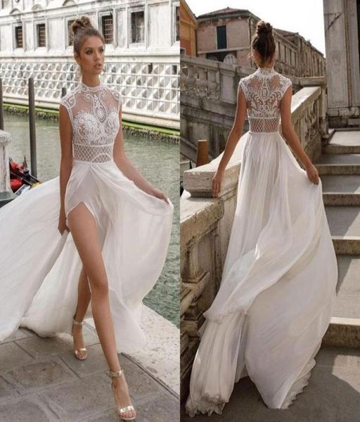 Julie Vino High Slits Plajı Bir Çizgi Gelinlik Bohemia Seksi Dantelli Kalkınlı Gelinlikler Chiffon Boho Gelinlik Robes De MA9782325