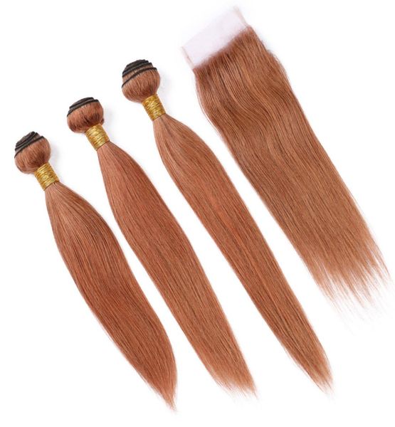 30 Chiusura in pizzo per capelli umani castano medio medio con fasci Colore castano ramato dritto brasiliano tesse estensioni dei capelli vergini con chiusura 3925478