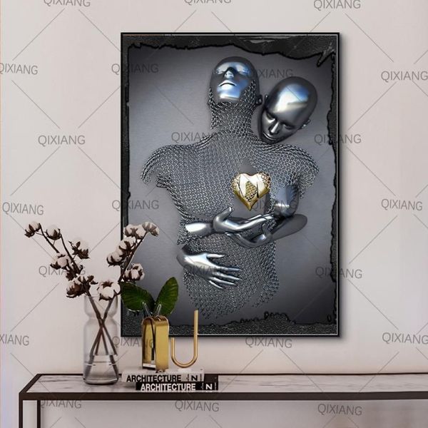 Resimler Soyut metal figür heykel sanat posterler ve baskılar modern sevgililer heykel tuval duvar resimleri dekor264e