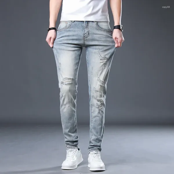 Jeans da uomo Hip Hop da uomo pantaloni in denim skinny elasticizzati azzurri pantaloni patchwrok strappati effetto consumato casual streetwear per ragazzi