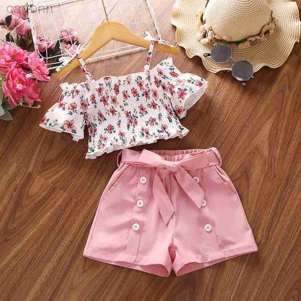 Completi di abbigliamento Completi di vestiti per ragazze Completi casual estivi Abbigliamento per bambini Bretelle Manica corta Camicia con stampa floreale Pantaloncini Bambini 4-7 anni ldd240311