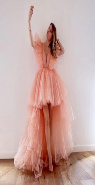 2020 único elemento na moda tule blush rosa em camadas tule vestidos de baile profundo decote em v franzido alta baixa camadas babados tutu vestido de noite4317987