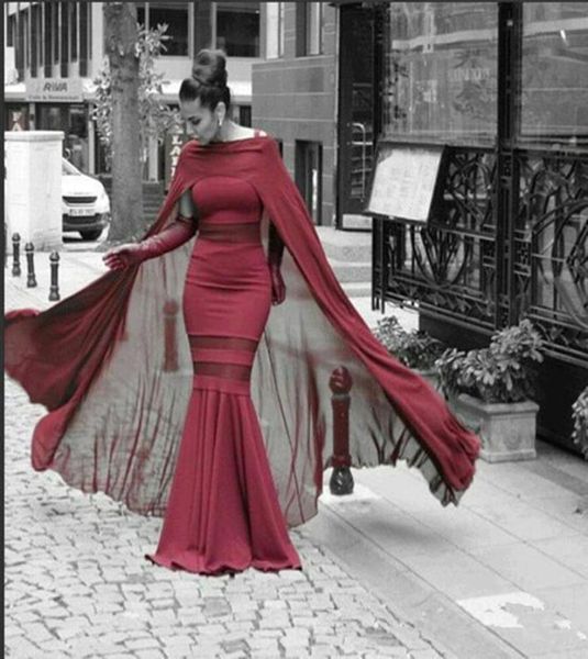 Nuovi abiti da sera bordeaux con mantella in chiffon vita trasparente lunghezza del pavimento formale elegante sirena abiti da sera arabi abiti da fi3353342