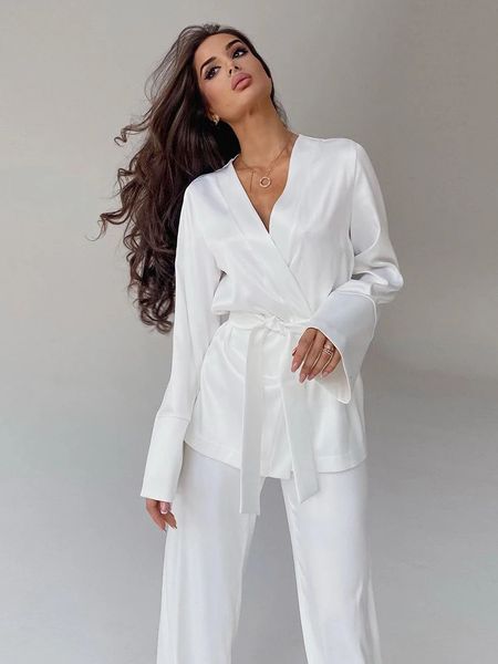 Hiloc elegante branco calças ternos alargamento mangas compridas feminino pijama casa terno solto quimono robe define pijamas de cetim com calças 240227