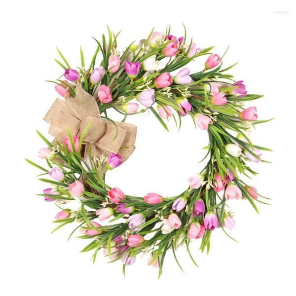 Fiori decorativi Corona artificiale da 16 pollici Ghirlande di tulipani per la porta d'ingresso Fiore di seta primaverile con foglie Arco Matrimonio da parete per la casa