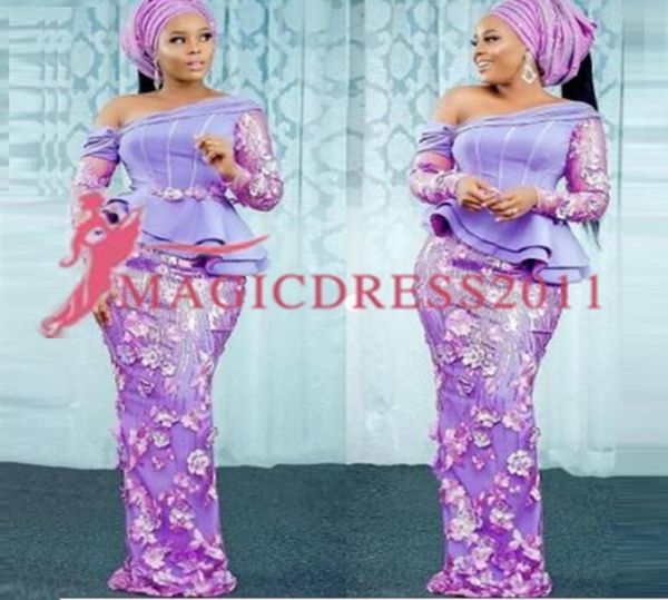 2019 Африканские нигерийские вечерние платья Фиолетовый Aso Ebi Кружевные стили с открытыми плечами и баской Пышные платья для выпускного вечера Русалка Forma6389005