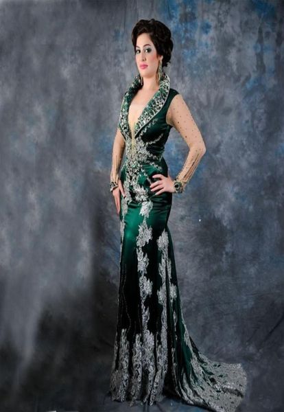 Темно-зеленые мусульманские вечерние платья русалки 2020 для женщин с длинными рукавами, кружевом и бисером, марокканский кафтан, Дубайский кафтан, формальный Go3744860