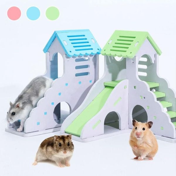 Küçük hayvan malzemeleri mini ahşap slayt diy montajı hamster evi saklandığı egzersiz oyuncak kobay aktarmacıları için merdivenle2329