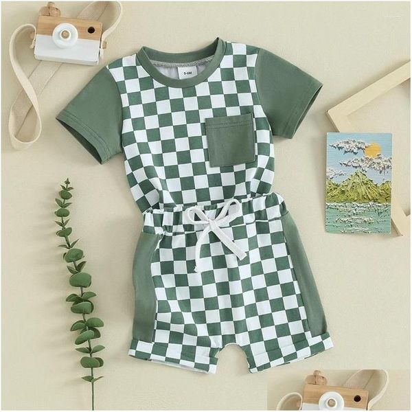 Giyim Setleri Erkek Bebek Giysileri Yaz Toddler Kıyafetler Dama Tahtası Çalışma Kısa Kollu T-Shirts Üst kısımlar 6 12 18 24 ay 3T Del Del OTPFW