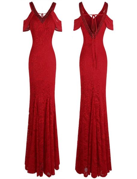 Angelfashions Women039s Off Ombro V Neck Lace Vestidos de Noite Longo Vestido de Festa Vestido de Baile Keyhole Vermelho 4771131214