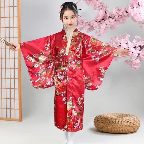 Ethnische Kleidung Japanisches Blumen- und Vogeldruck-Mädchen-Kimono-Kleid Pografie Retro-Vibrationsärmel Kinder lang