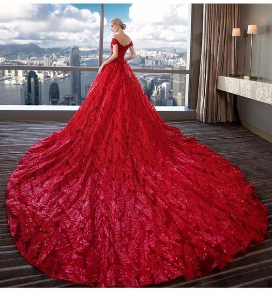 Abito da sposa rosso scintillante 2022 con spalle scoperte con maniche con paillettes corpetto in pizzo cattedrale treno abiti da sposa di lusso abiti da sposa 5307802