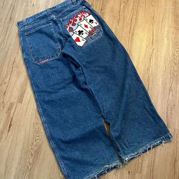 Herren Jeans Herren Jnco Poker Grafik Stickerei Retro Blau Männer Y2k Harajuku Punk Baggy Denim Hosen Goth Casual Hohe Taille Weite Hose