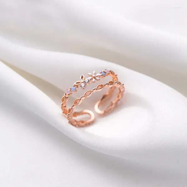 Cluster Ringe MloveAcc S925 Sterling Silber Rose Gold Blume Doppelschicht Ringöffnung Einstellbar Für Frauen Dame Tochter Schmuck Geschenk