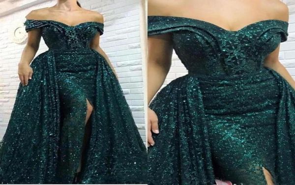 Teal verde sereia vestidos de baile sexy fora do ombro lantejoulas overskirts até o chão feriados vestidos de festa plus size personalizado made6013292