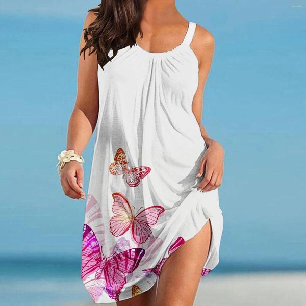 Vestidos casuais para mulheres férias de verão em torno do pescoço sem mangas borboleta impressão feminina robe praia senhoras roupas vestidos