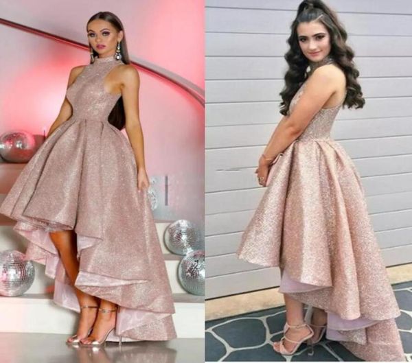 Hallo Lo Rose Gold Prom Kleider Ballkleid High Neck Rüschen Asymmetrische Rock Party Kleid Elegante Formale Abendkleid vestido de nov5750681