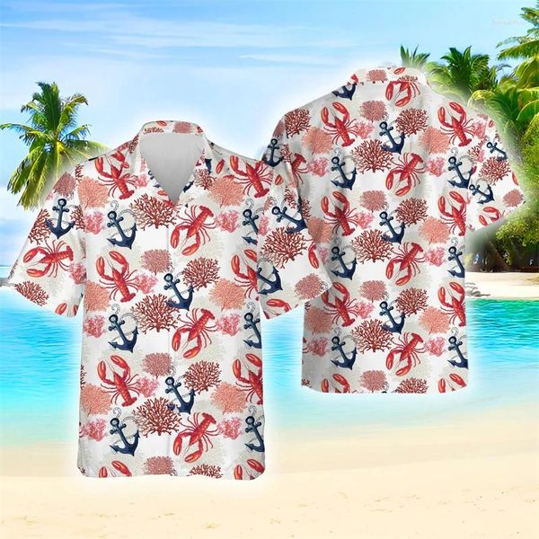 Camisas casuais masculinas Hawaiian Lobster Anchor 3D Impresso para roupas masculinas Harajuku Moda Seafood Beach Camisa Aloha Blusas de manga curta Tops