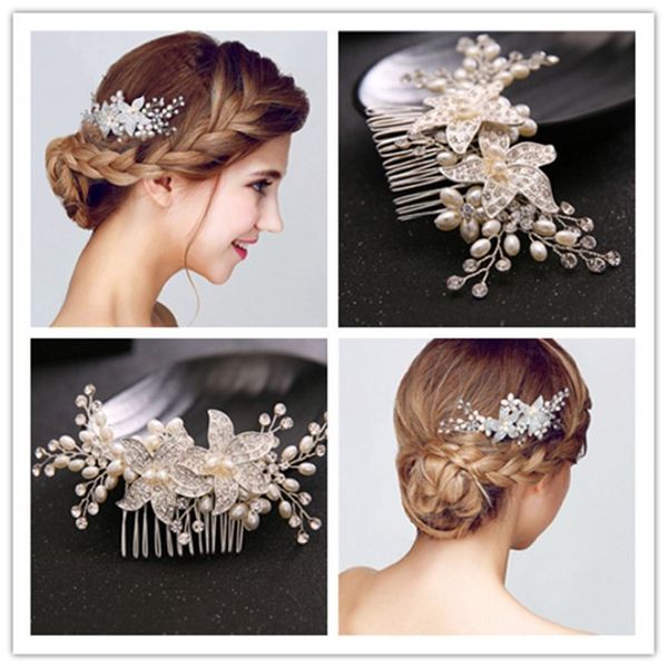 Pettine per capelli da sposa vintage copricapo argento cristallo strass accessori per capelli fiore perla gioielli fascia corona diadema Pr193H