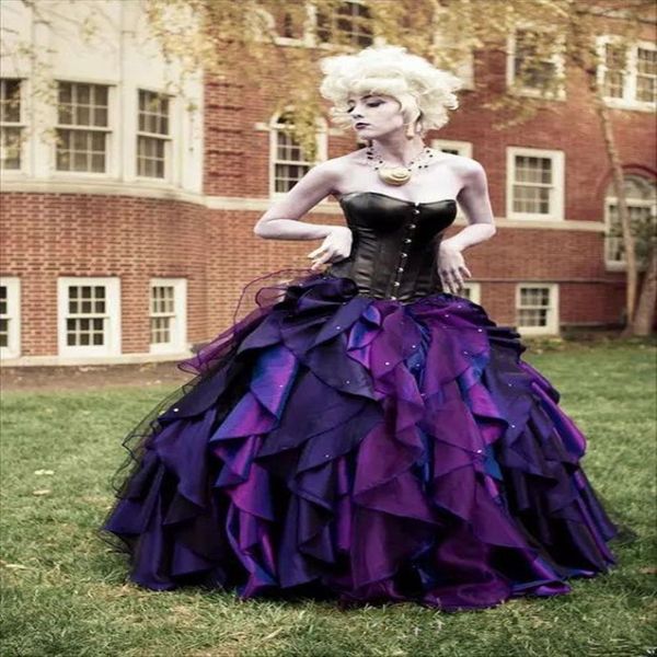 2020 novo roxo e preto organza tafetá vestido de baile gótico vestido de casamento espartilho vitoriano vestidos de noiva de halloween personalizado made225t