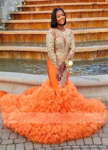 Aso Ebi Stil Orange Meerjungfrau Afrikanische Prom Kleider 2022 Für Schwarze Mädchen Goldene Perlen Strass Rüschen Party Kleid Robe De Bal5286685