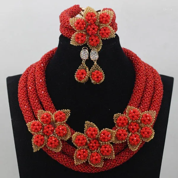 Collana Orecchini Set Fiore Matrimonio nigeriano Perline di cristallo rosso africano Gioielli Fiori Sposa fatta a mano ABL963