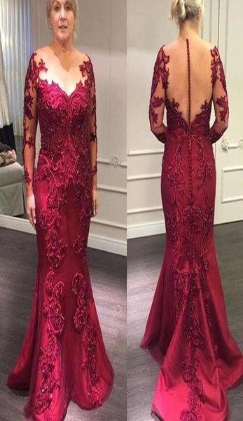 Koyu Kırmızı Gelin Elbiseleri Anne Dantel Applique Illusion Uzun Kollu Resmi Akşam Elbise Muhteşem Düğün Damat Anne Dress2951391