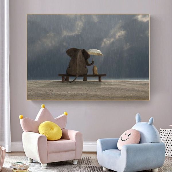 Pôster de animal engraçado, arte de parede, pintura em tela, elefante fofo, impressão hd para decoração de quarto de criança, sem moldura291x