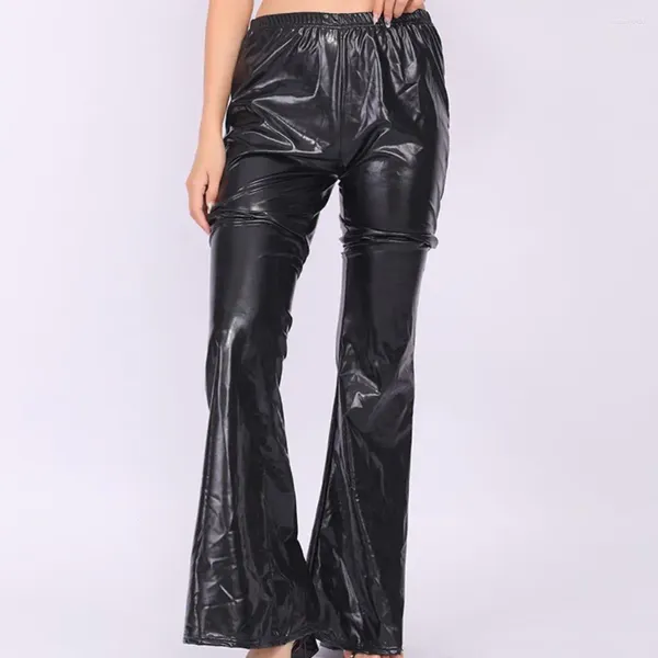 Женские брюки, сексуальные брюки из искусственной кожи с металлическим блеском, голографические расклешенные брюки для женщин и девочек, брюки клеш с эластичной резинкой на талии, Клубная одежда