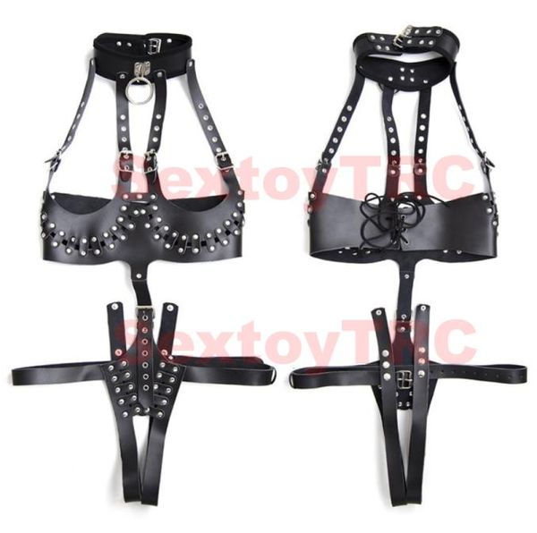 Sexy virilha aberta peito arnês de corpo crotchless dominatrix traje couro falso preto cravejado bdsm bondage espartilho cintas para femal8437882