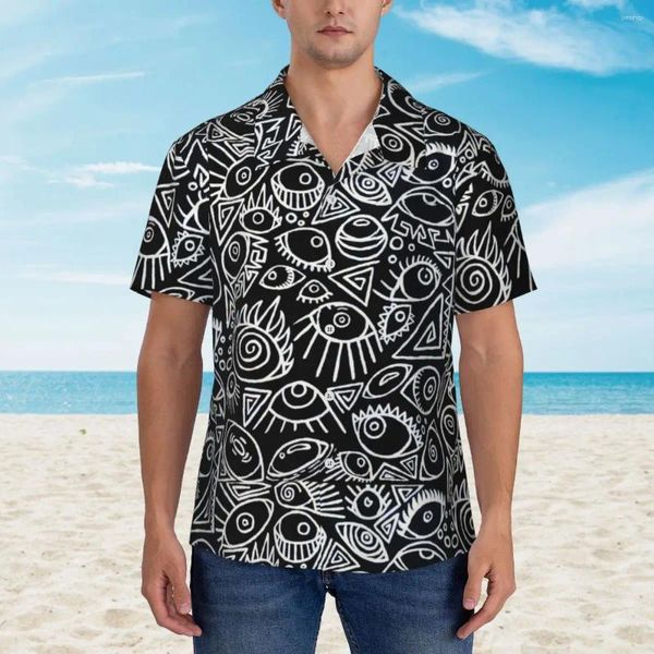 Мужские повседневные рубашки Гавайская рубашка Отпуск Черно-белые глаза Блузки Busy Vision Геометрическая эстетика Крутые мужские уличные топы