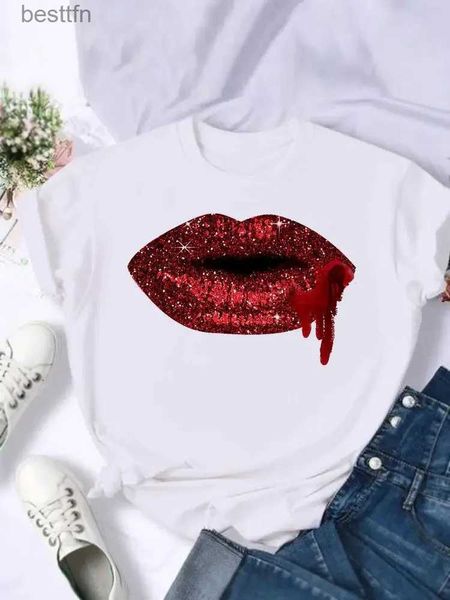 Damen T-Shirt Frauen Fe Aquarell Liebe Süße Lippe Casual Top Mode Druck T-Shirts Cartoon Kurz Sle T-Shirt Sommer Grafik T-Shirt T-Shirt 240311