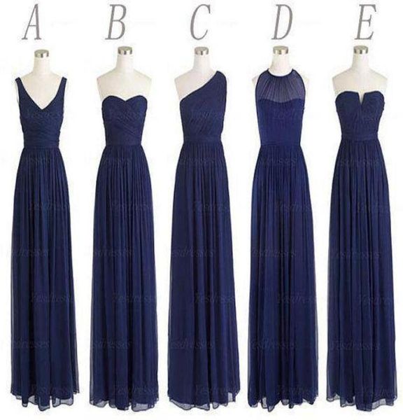 Abiti da damigella d'onore lunghi su misura in 5 stili Una linea posteriore con cerniera Lunghezza pavimento Chiffon blu scuro Increspato Economici Prom Evening Party Dre3320455