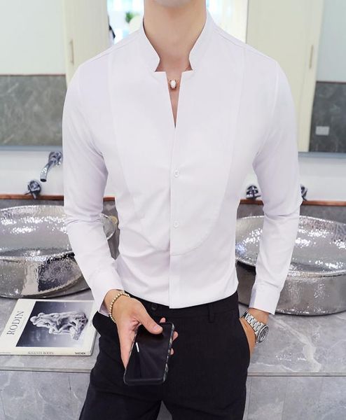 Disegni Autunno Inverno Colletto alla coreana Camicie eleganti da uomo a maniche lunghe Nero Rosso Bianco Slim Elegante Gioventù Maschile Business Matrimonio Formale1952697 4SXO