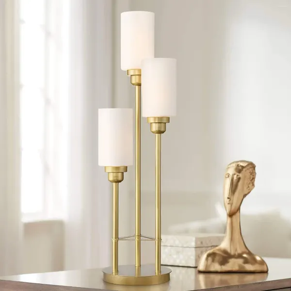 Stehlampen, moderne, glamouröse, luxuriöse Baum-Tischlampe, 76,5 cm hoch, Messing-Gold-Metall, 3-flammige weiße Glaszylinderschirme für Wohnzimmer