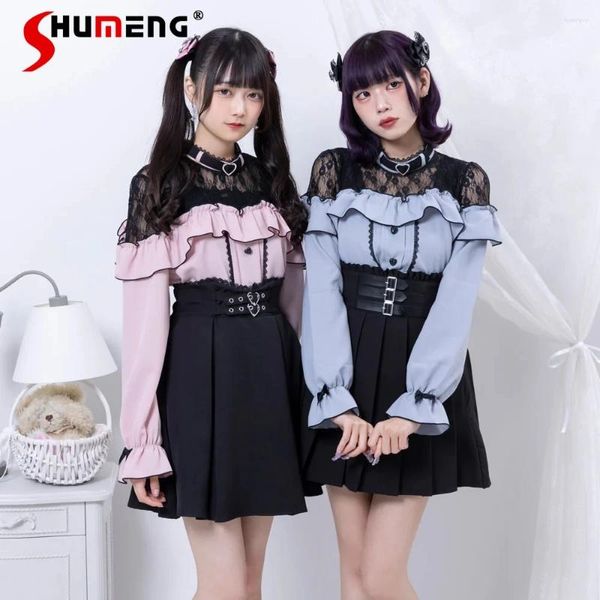 Blusas femininas inverno estilo japonês blusa doce renda costura arco amor stringy ourela blusas estudante camisa de fundo roupas