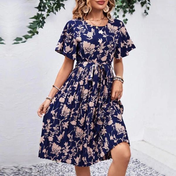 Vestidos casuais mulheres vestido de verão o pescoço contraste cor floral impressão mangas curtas a-line lace-up alta cintura apertada bainha joelho comprimento midi