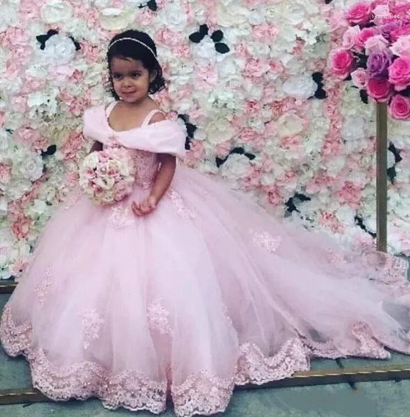 Платья для девочек, милое розовое платье с цветочным узором для девочек на свадьбу, с рюшами и рукавами, кружевное платье с аппликацией, праздничное платье для дня рождения