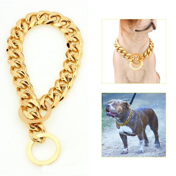 Hundezubehör 12–22 Goldkettenhalsband für Hunde, 13 mm breit, Ton, doppelter Curb, kubanischer Rombo-Link, 316L-Edelstahl, ganzes Haustier, Jewe278M