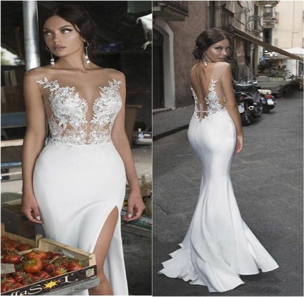 2021 Abiti da sposa sexy con spacco laterale Beach Appliques in pizzo Illusion Beach Abito da sposa in raso Abito da sposa formale bohemien Guaina We5162653