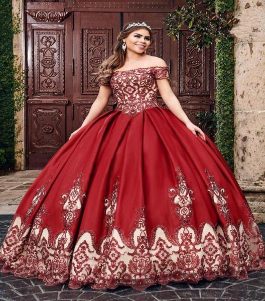 2020 Винно-красные телесные бальные платья Vestidos De Quinceanera Платья Кружевная аппликация из бисера и кристаллов с открытыми плечами с короткими рукавами Sweet 16 5972994