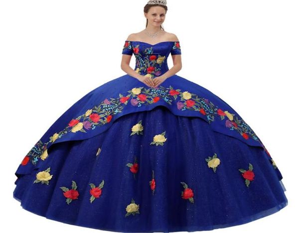 Lindo vestido quinceanera azul royal com ombro de fora Charra Multicolors Apliques florais Mangas curtas Sobreposição Charro com brilho 7296234