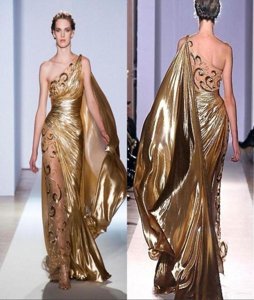 Sexy um ombro ouro pageant vestidos de noite zuhair murad alta costura apliques brilhantes longos vestidos de baile 5216840