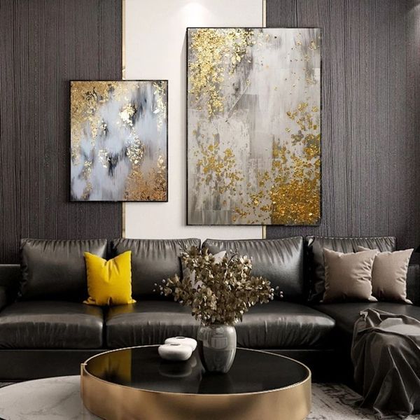 Pintura a óleo dourada para sala de estar, mural abstrato, imagem impressa, árvore dourada, arte de parede para sala de estar, decoração de casa 262n