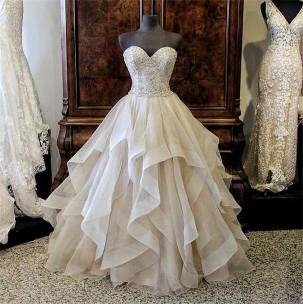 Новое великолепное серое свадебное бальное платье с вышивкой и бисером, милое многослойное серое свадебное платье из органзы с цветными кристаллами, свадебные платья3982472