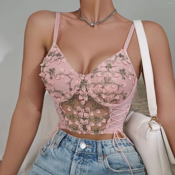 Tanques femininos verão rosa com decote em v filme sexy espartilho colheita topo mulheres rendas floral oco sem mangas camis backless coquette regatas roupas