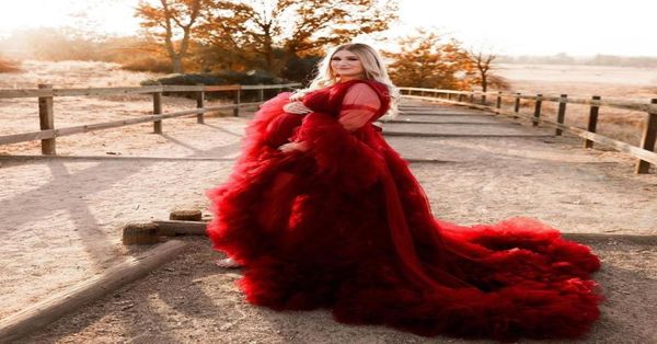 Vermelho babados vestidos de baile plus size roupões para grávidas mulheres grávidas poshoot vestidos de noite fofo robe festa dress2139920